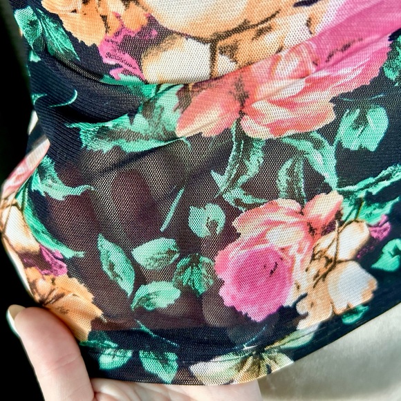Ijoah Black Semi-Sheer Mesh Pink, Orange Floral Fitted Top, Size S - Picture 4 of 8